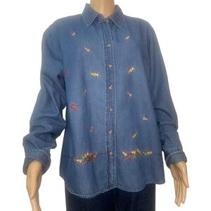 Vintage 90’s Fall Embroidered Halloween Candy Denim Chambray Long Sleeve Shirt